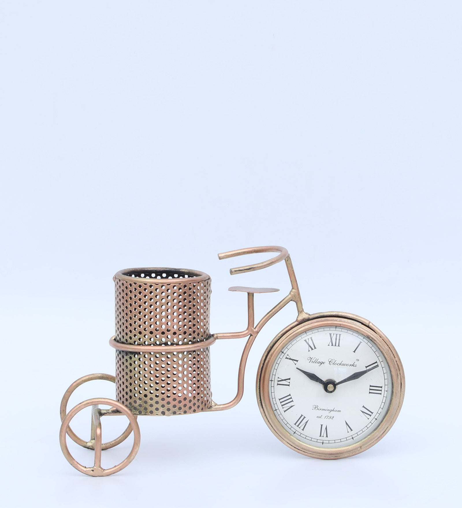 Vintage Tricycle Pen Stand with Clock – Antique Brass Finish