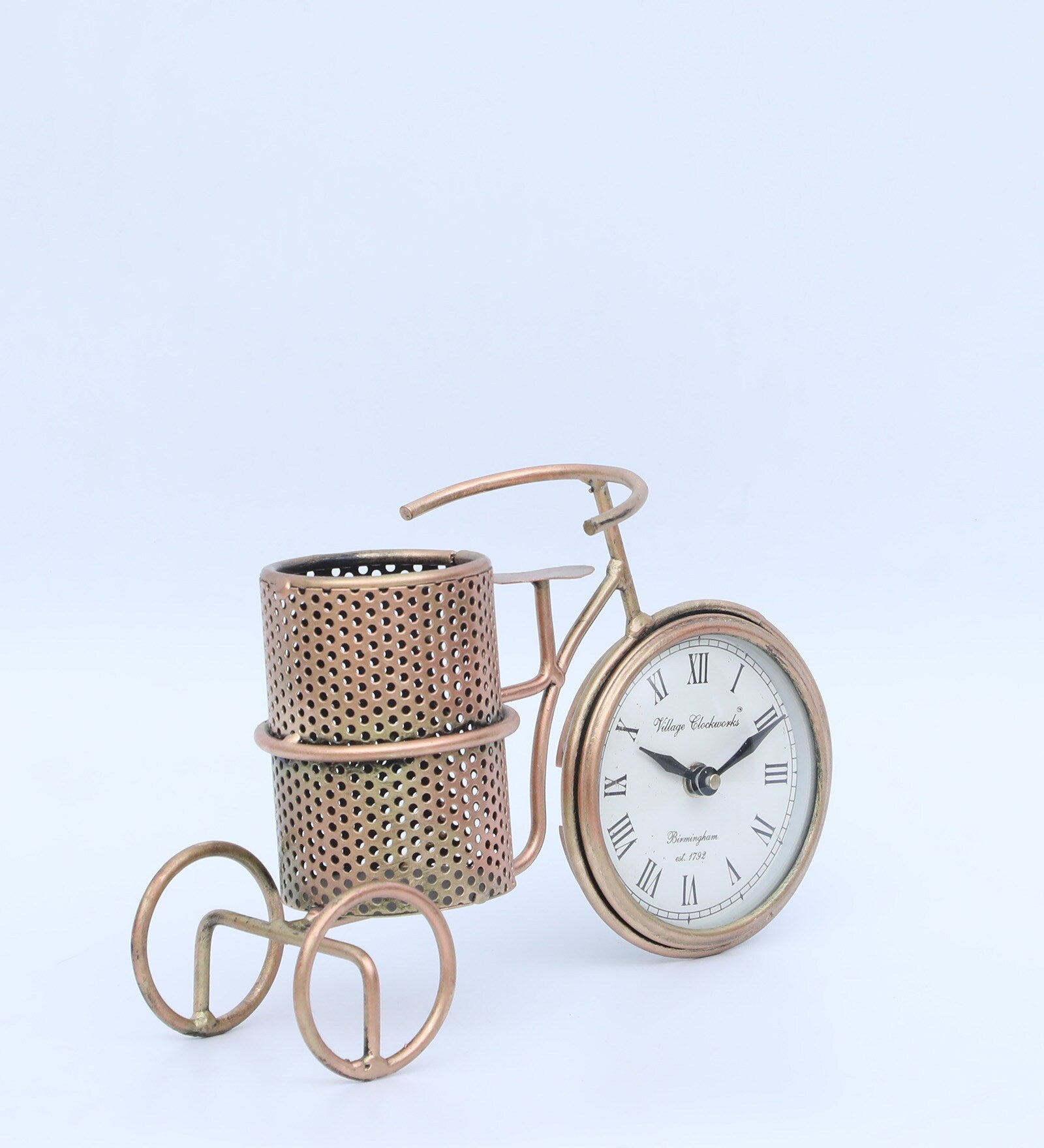 Vintage Tricycle Pen Stand with Clock – Antique Brass Finish