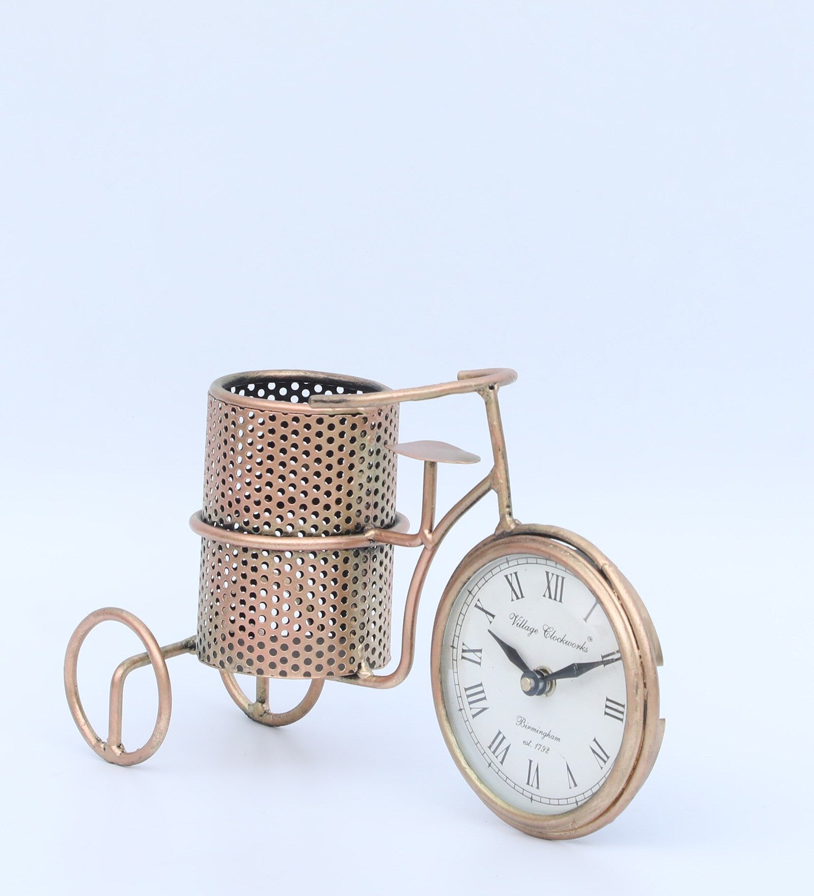 Vintage Tricycle Pen Stand with Clock – Antique Brass Finish