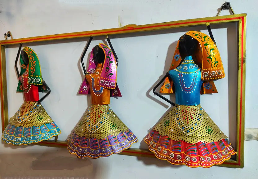 Colorful Rajasthani Women Wall Art – Handcrafted Metal Frame Décor