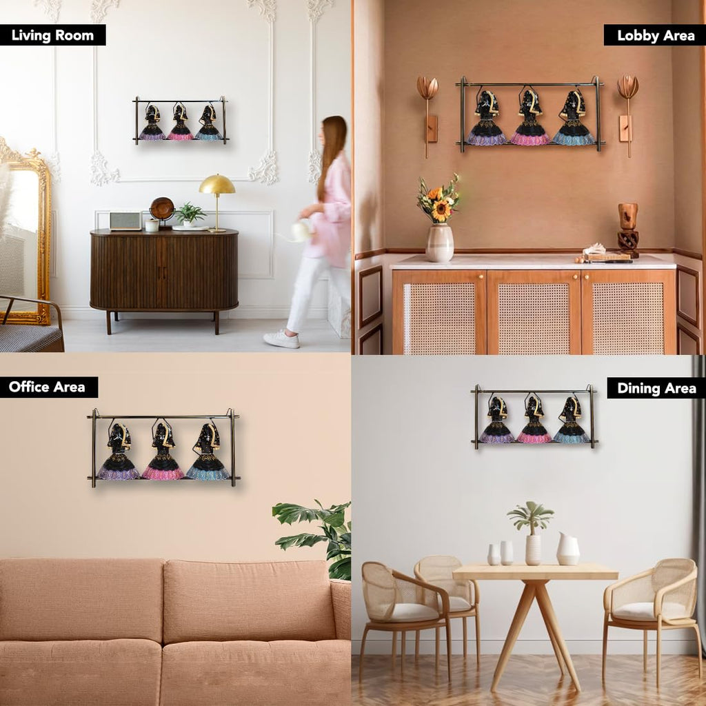 Elegant Rajasthani Women Wall Art – Multicolor Metal Frame