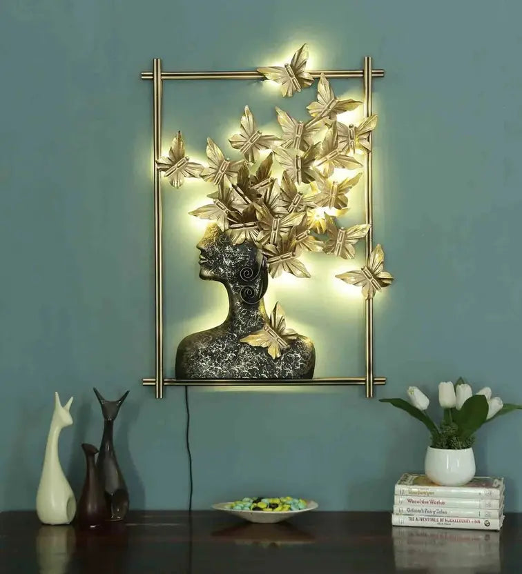 Golden Butterfly Lady Metal Wall Art Baal titli