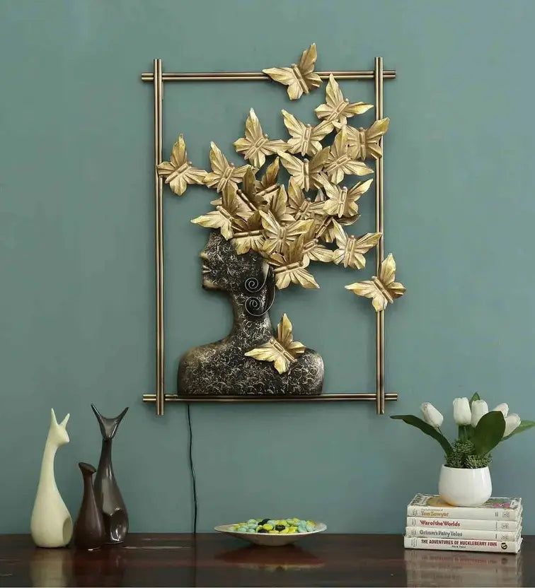 Golden Butterfly Lady Metal Wall Art Baal titli