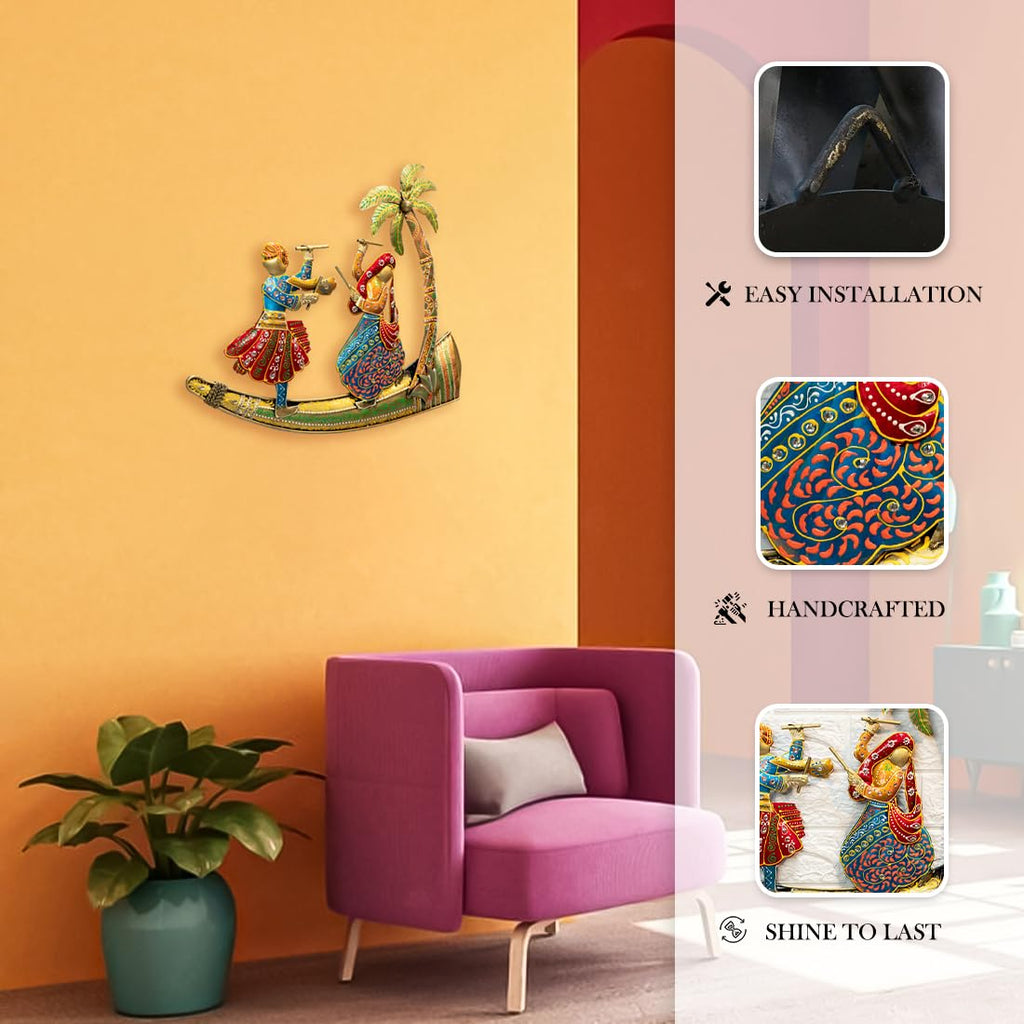 Handcrafted Metal Wall Art of Traditional Dandiya Couple Under Palm Tree (51x43 cm)