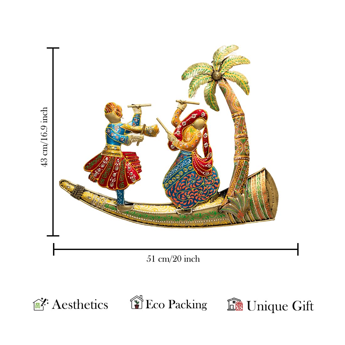 Handcrafted Metal Wall Art of Traditional Dandiya Couple Under Palm Tree (51x43 cm)