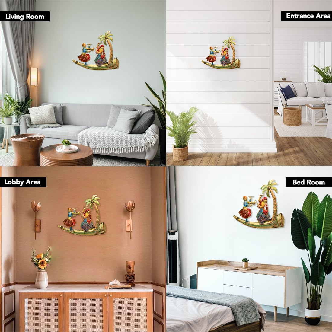 Handcrafted Metal Wall Art of Traditional Dandiya Couple Under Palm Tree (51x43 cm)