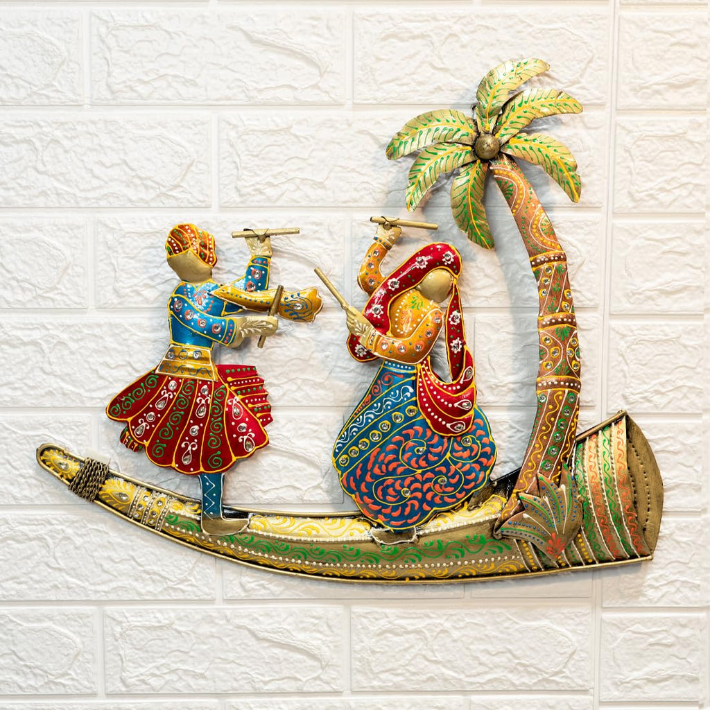 Handcrafted Metal Wall Art of Traditional Dandiya Couple Under Palm Tree (51x43 cm)