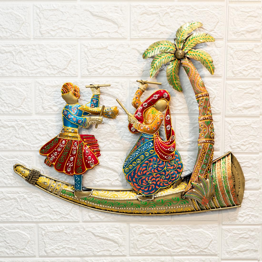 Handcrafted Metal Wall Art of Traditional Dandiya Couple Under Palm Tree (51x43 cm)