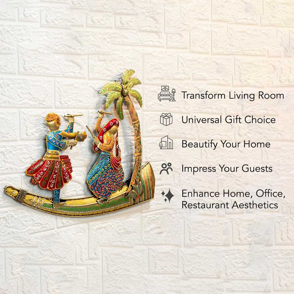 Handcrafted Metal Wall Art of Traditional Dandiya Couple Under Palm Tree (51x43 cm)