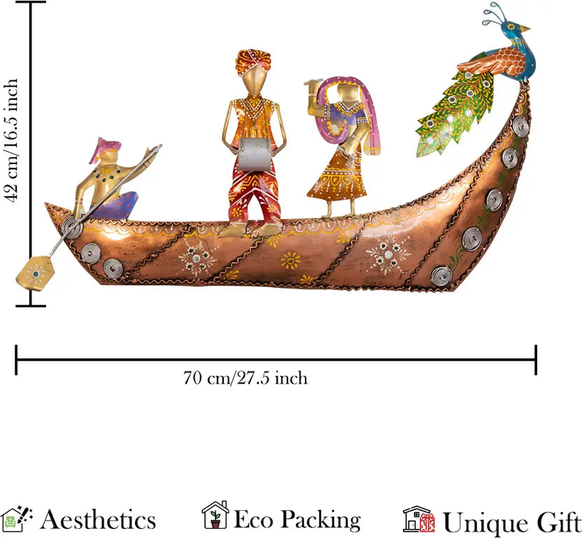 Handcrafted Rajasthani Musician Boat Wall Art with Peacock Design (70 cm)