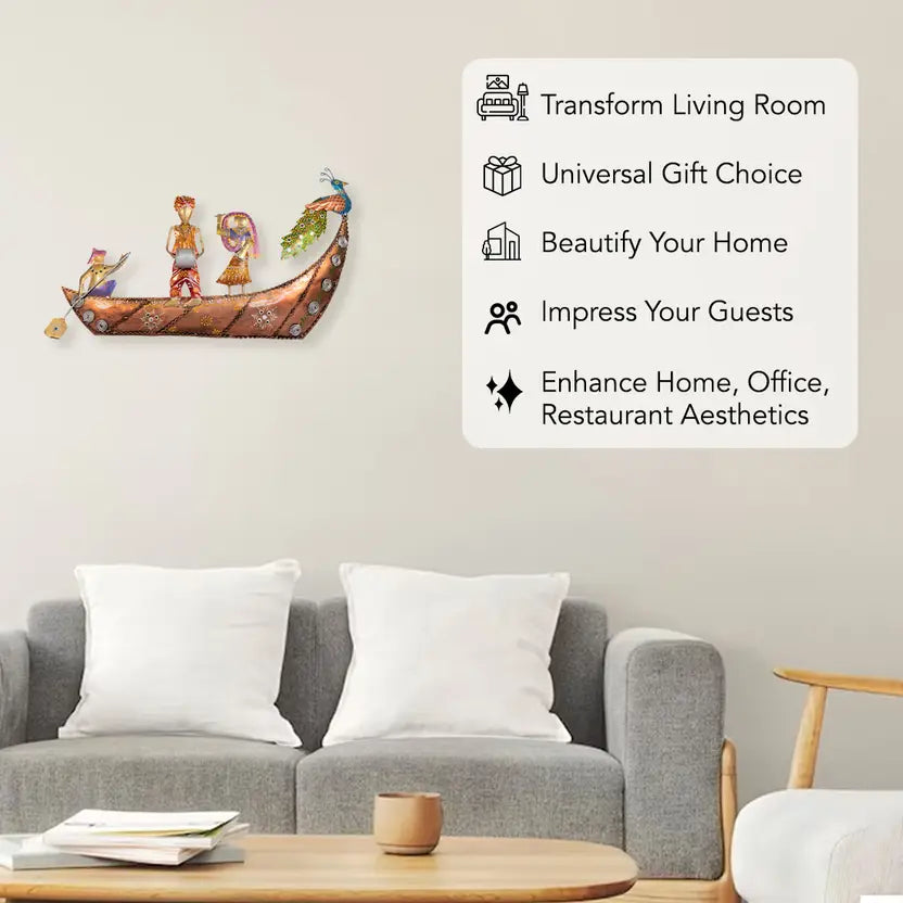 Handcrafted Rajasthani Musician Boat Wall Art with Peacock Design (70 cm)