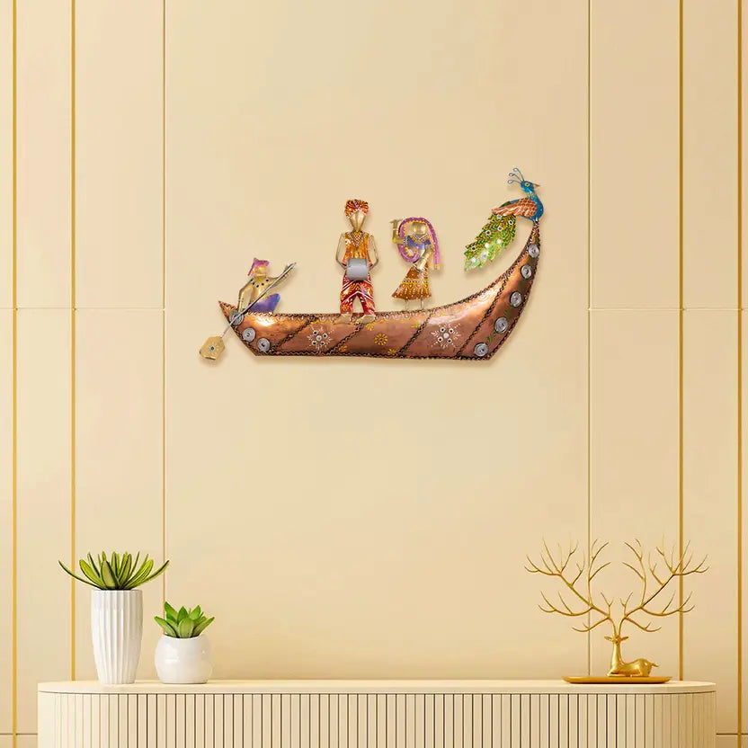 Handcrafted Rajasthani Musician Boat Wall Art with Peacock Design (70 cm)