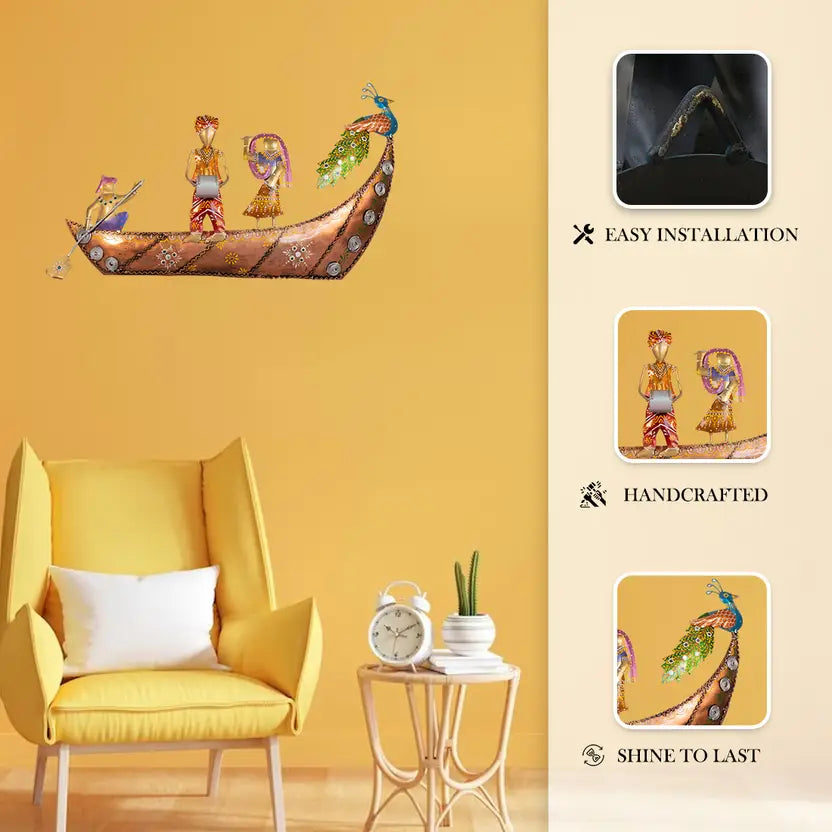 Handcrafted Rajasthani Musician Boat Wall Art with Peacock Design (70 cm)