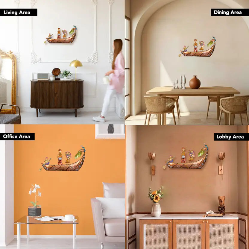 Handcrafted Rajasthani Musician Boat Wall Art with Peacock Design (70 cm)